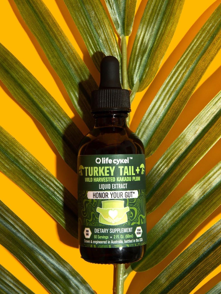 Life Cykel -Turkey Tail Mushroom Liquid Extract Kakadu Plum- 100% Organic Turkey Tail Mushrooms-Immune Support Supplement Immune Defense Antioxidants Vitamin C Made in US, 2 Fl oz(Packaging May Vary)