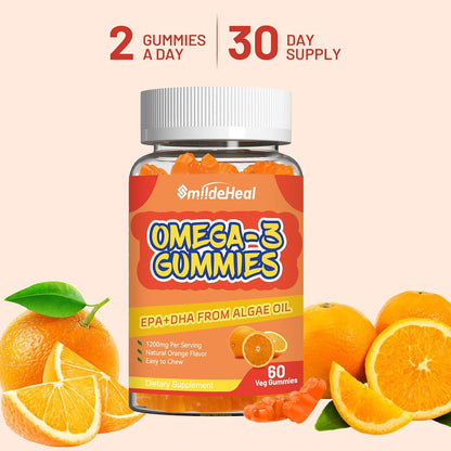 Omega 3 Gummies Supplement 1000mg, High Absorption DHA & EPA, Heart, Brain & Joint Support, Extra Strength Fish Oil Omega 3 Gummies Vitamins, 60 Count