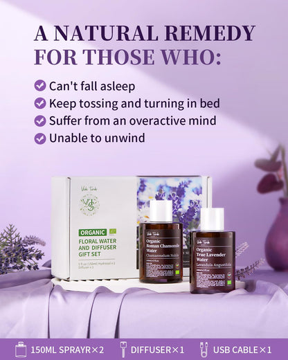 VTS Organic Lavender Water and Roman Chamomile Floral Water with Diffuser, Aromatherapy Air
