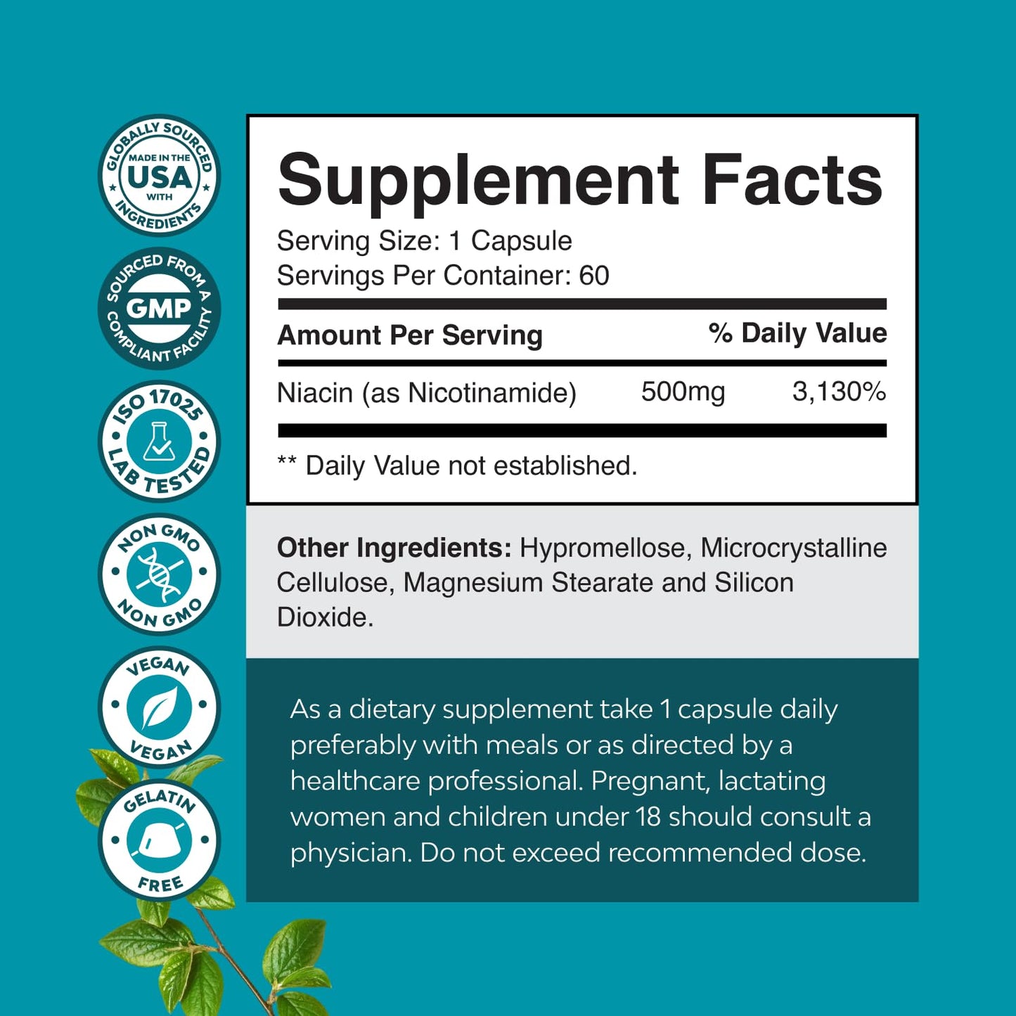 Vitamin B3 Niacinamide 500mg Capsules - Mitochondrial Energy and Potent Skin Supplement - Vitamin B3 Niacin Flush Free and Nicotinamide 500mg - Flush Free Niacin Supplement - 60 Count