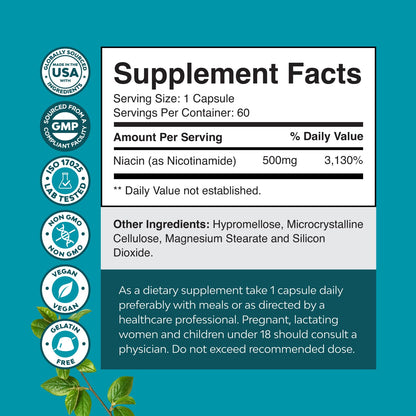 Vitamin B3 Niacinamide 500mg Capsules - Mitochondrial Energy and Potent Skin Supplement - Vitamin B3 Niacin Flush Free and Nicotinamide 500mg - Flush Free Niacin Supplement - 60 Count