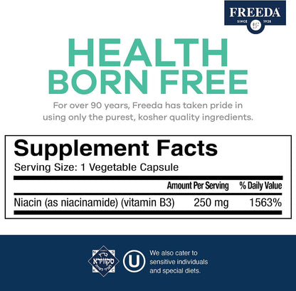 FREEDA 250mg Niacinamide & Vitamin B3 Supplement - 500 Capsules | Vegetarian Niacinamide Supplement with No-Flush Formula - Supporting Skin Health & Energy Metabolism