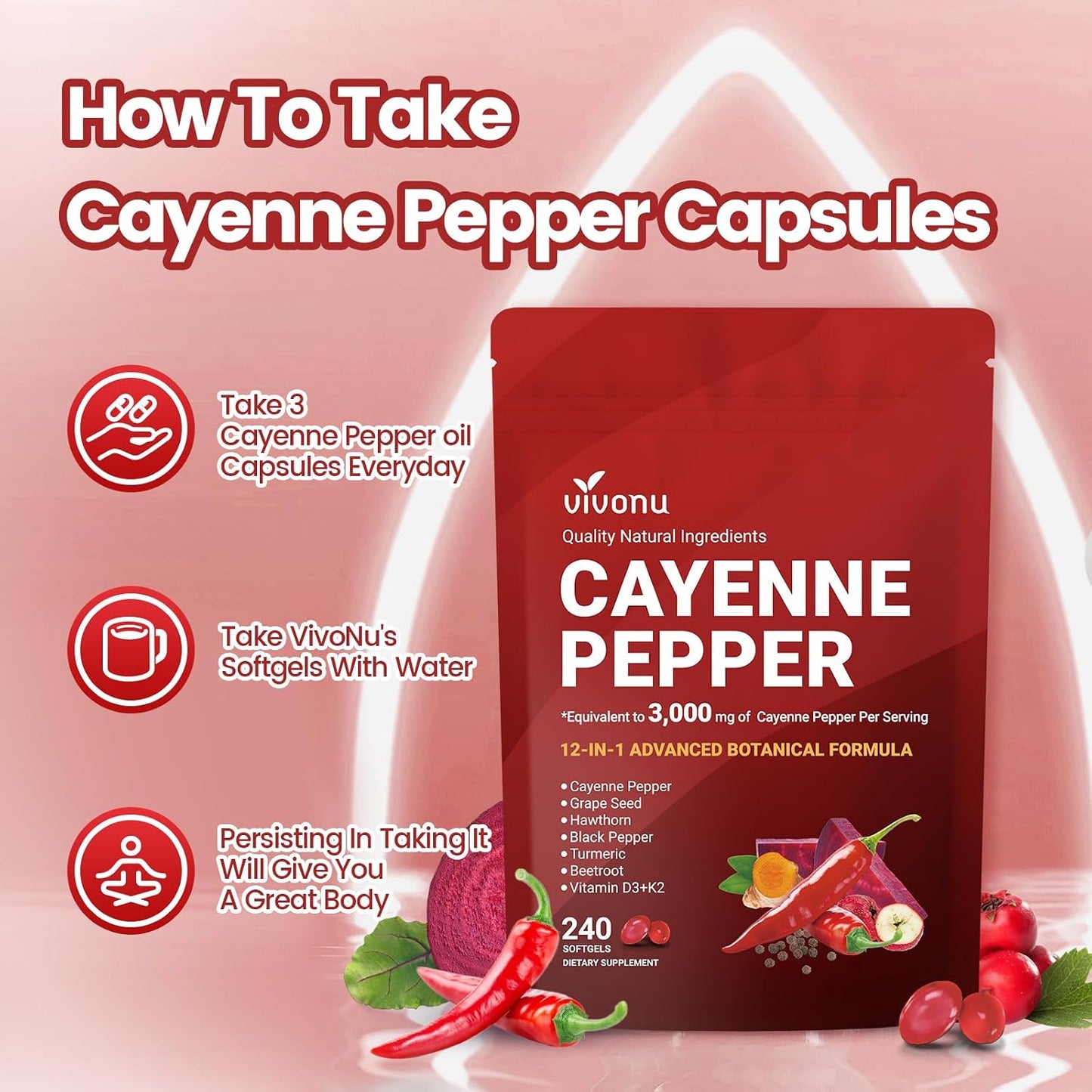 VivoNu Cayenne Pepper Softgels Supplement with Vitamin E D3+K2 and Extracts of Grape Seed, Hawthorn, Beetroot, Berberine and Others, Supports Leg Vein, Heart and Blood Vessel Health
