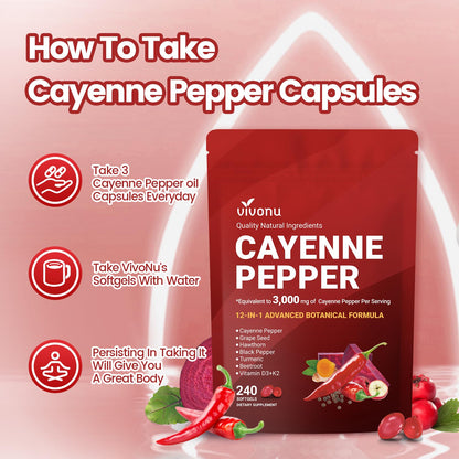 Cayenne Pepper Softgels Supplement, Supports Leg Vein, Heart and Blood Vessel Health, with Vitamin E D3+K2 and Extracts of Grape Seed, Hawthorn, Beetroot, Berberine and Others (Softgels / 1 Bag)