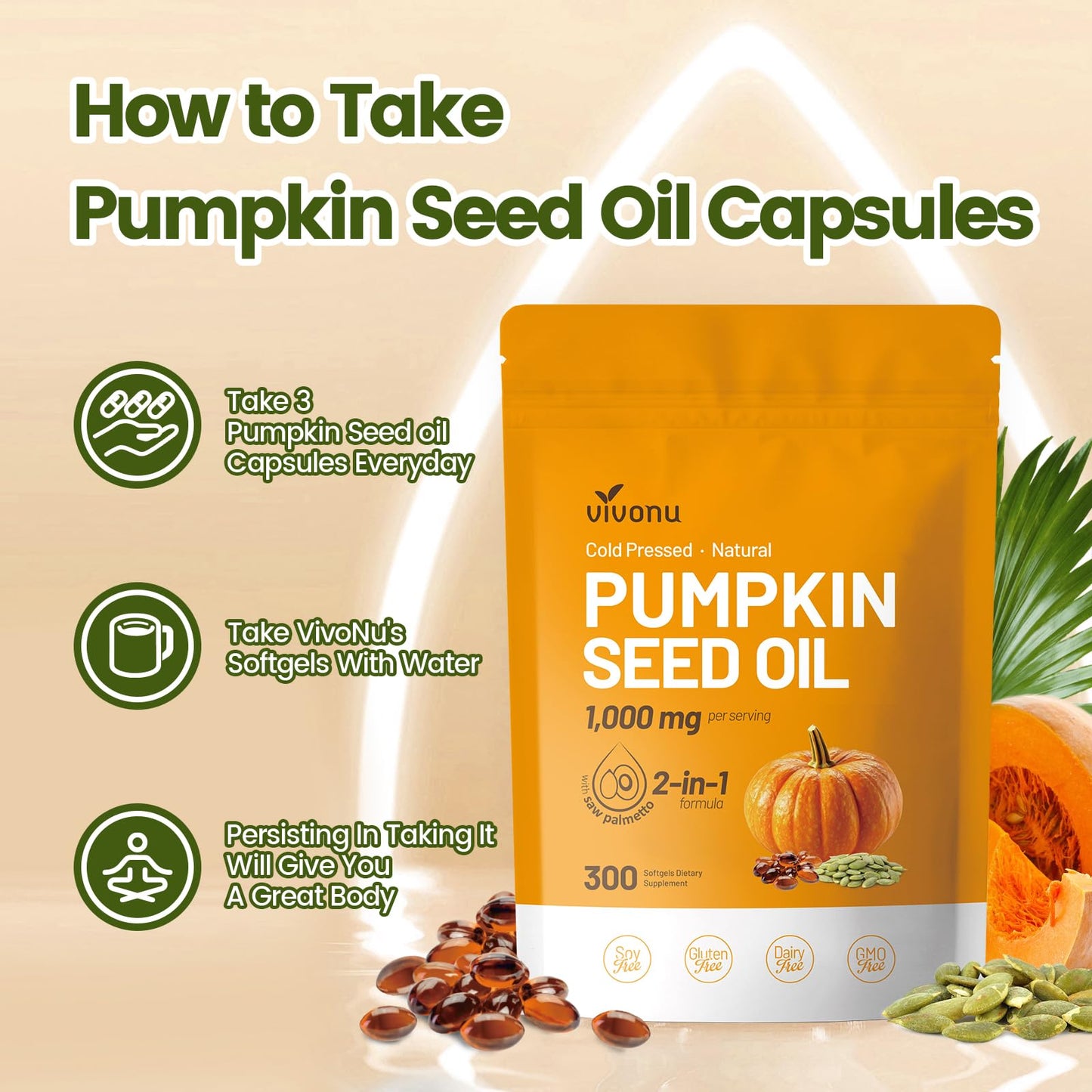 VivoNu Saw Palmetto Capsules Extract 8 in 1, Pumpkin Seed Oil - Supports Prostate Health, Relieves Urination Issues, Supports Hair Growth, DHT Blocker 240 Softgels