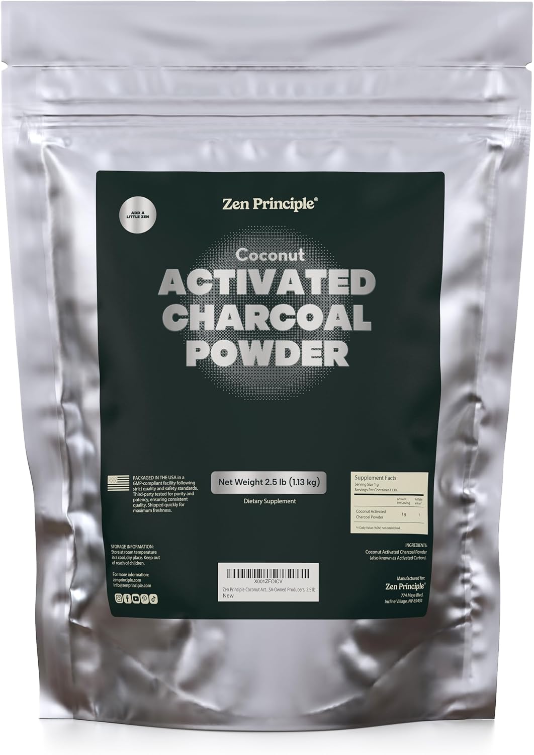 Zen Principle Coconut Activated Charcoal Powder. Whitens Teeth, Rejuvenates Skin and Hair, Supports Better Digestion. USA-Owned Producers, 2.5 lb