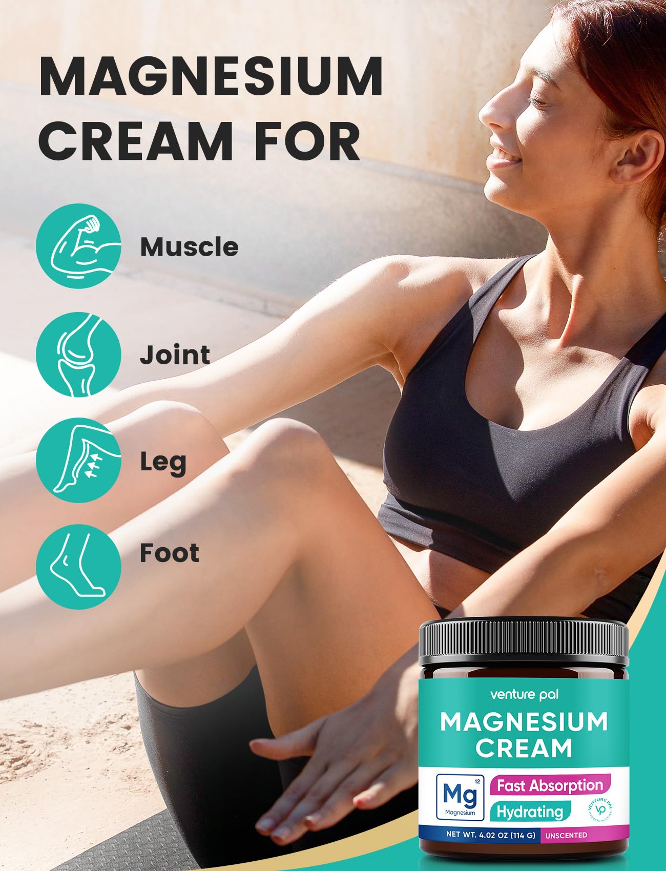 Venture Pal Topical Magnesium Cream, Highly Concentrated Magnesium Lotion | Fast-Absorbing Magnesium Moisturizing Cream with Coconut Oil, Shea Butter & Hyaluronic Acid; Suitable for Kids