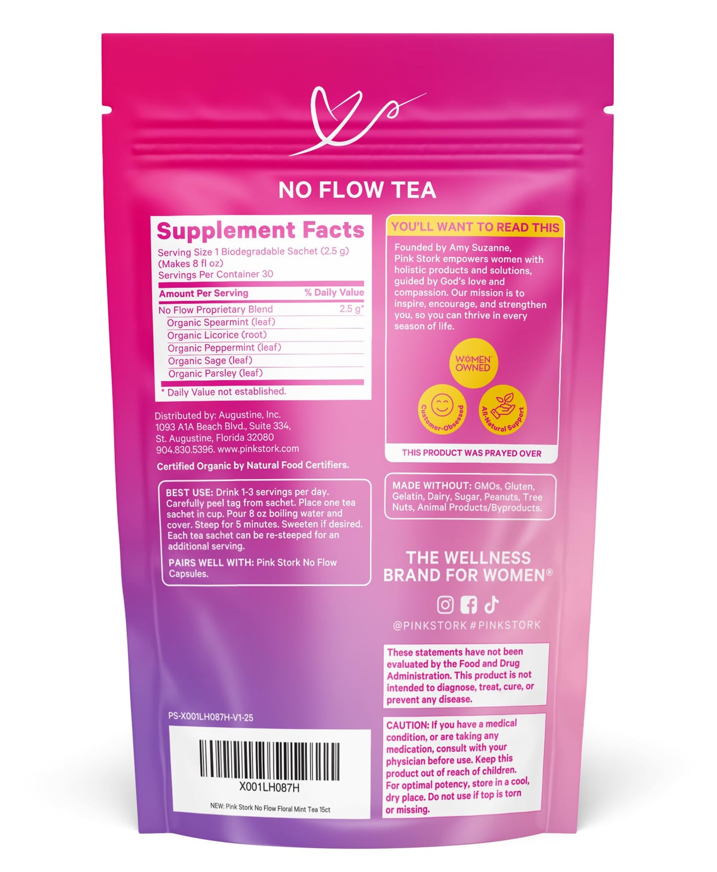 Pink Stork No Flow Organic Sage Tea, Floral Mint Flavor, 15 Sachets | Dry Up Breast Milk Supply, Ease Milk Production, Wean Lactation Naturally, Hot or Iced, Postpartum Essentials