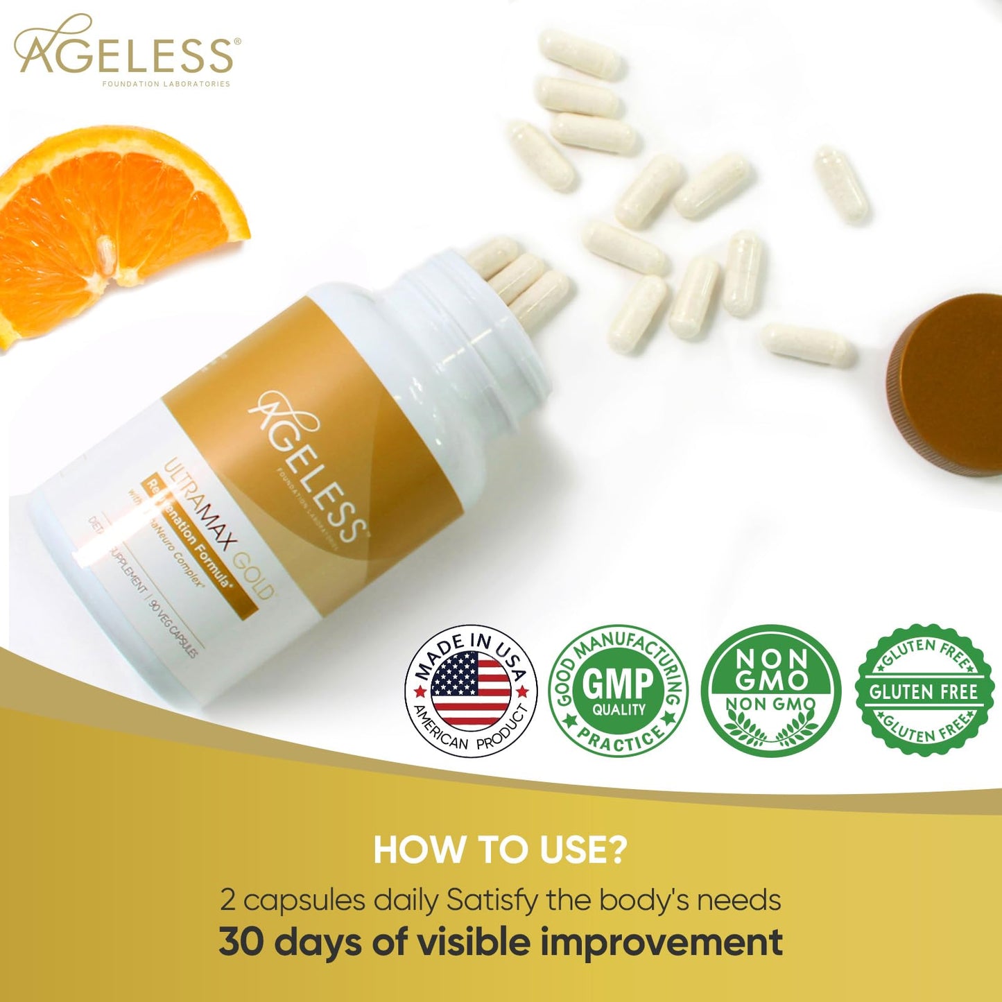 AGELESS™: UltraMAX Gold™ Capsules, HGH Anti-Aging Supplement for Women, Slows Cellular Aging, Supports Immune Health, Smoother Skin Tone and Restorative Sleep, Weight Management, 90 Capsules | Healthy Aging Support, Cellular Energy, Longevity Support, Dai