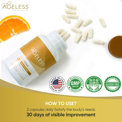 AGELESS™: UltraMAX Gold™ Capsules, HGH Anti-Aging Supplement for Women, Slows Cellular Aging, Supports Immune Health, Smoother Skin Tone and Restorative Sleep, Weight Management, 90 Capsules | Healthy Aging Support, Cellular Energy, Longevity Support, Dai