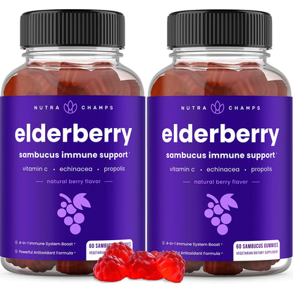NutraChamps Elderberry Gummies with Vitamin C, Propolis & Echinacea - Immune System Support Gummy Vitamins for Adults & Kids - Max Strength 200mg Sambucus Antioxidant
