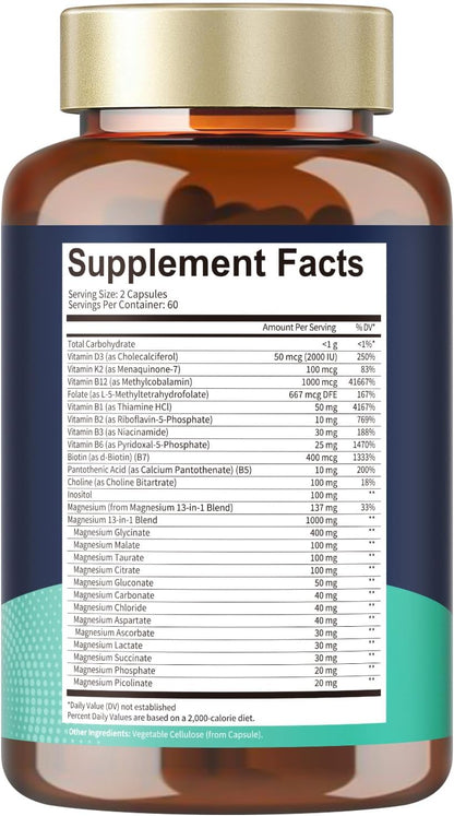 25-in-1 Magnesium Complex with Methylated B Complex Magnesium Glycinate Citrate Malate Taurate Gluconate Aspartate Carbonate D3 K2, Magnesium Supplement for Relaxation Energy & Nerve, 120 Vegan Caps