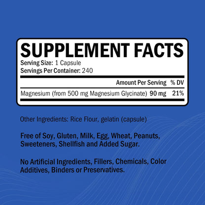 Magnesium Glycinate 500mg Per Serving, 240 Capsules