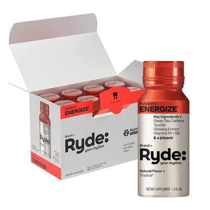 RYDE Shots Energize + Focus, Essential B Vitamins and Caffeine, Zero Calories, Zero Sugar, Pack of 16