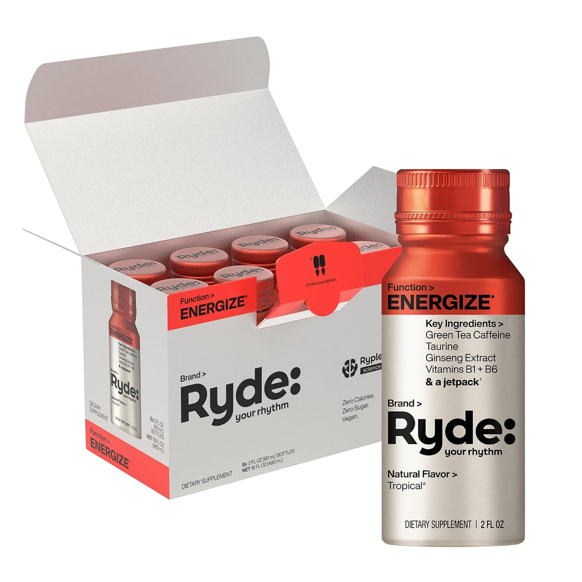 RYDE Shots, Energize + Relax, Essential B Vitamins, Ginseng, Chamomile and Caffeine, Zero Calories, Zero Sugar, Pack of 16