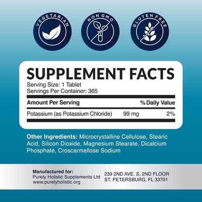 Potassium Chloride Supplement, 1 Year Supply, Heart Health & Fluid Support | With Potassium 99mg Per Serving for Circulatory Health Electrolyte & Fluid Balance Support, Gentle on Digestion, 365 Tablets