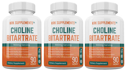 KRK SUPPLEMENTS Bundle Combo for 3 Total Bottles of Choline Bitartrate 900mg Per Serving 