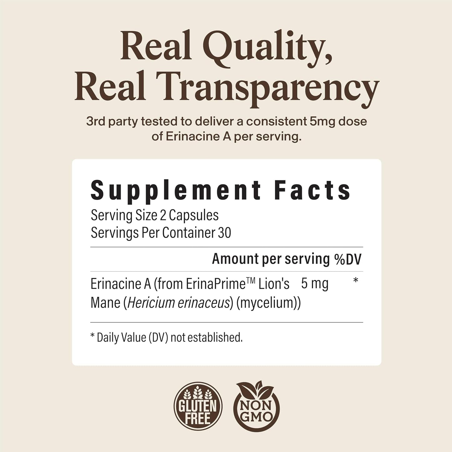 Real Mushrooms Real Mycelium – Standardized Lion’s Mane Mycelium Capsules with 5mg Erinacine A (ErinaPrime) – Pure Hericium Erinaceus Supplement for Focus, Memory, & Mental Clarity – (60 Count)