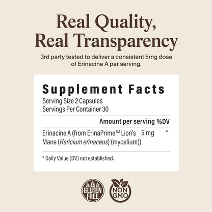 Real Mushrooms Real Mycelium – Standardized Lion’s Mane Mycelium Capsules with 5mg Erinacine A (ErinaPrime) – Pure Hericium Erinaceus Supplement for Focus, Memory, & Mental Clarity – (60 Count)