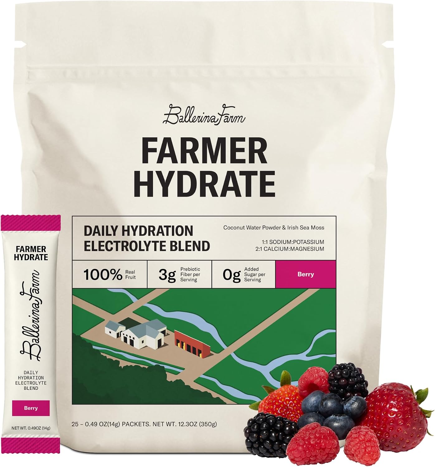 Ballerina Farm Farmer Hydrate Berry Electrolyte Powder Packets | Travel Ready, Organic Coconut Water, Irish Sea Moss, French Sea Salt, 210mg Sodium, 25 Count