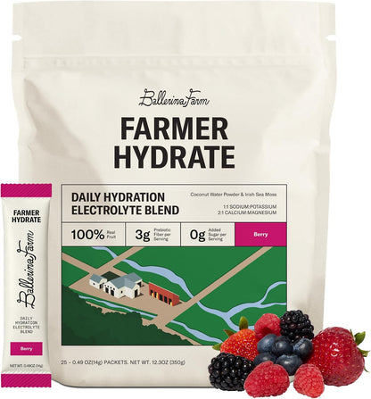 Ballerina Farm Farmer Hydrate Berry Electrolyte Powder Packets | Travel Ready, Organic Coconut Water, Irish Sea Moss, French Sea Salt, 210mg Sodium, 25 Count