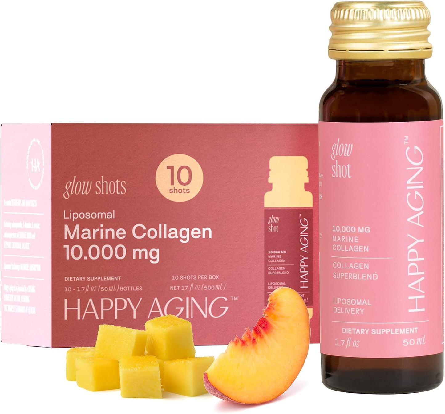 Happy Aging Marine Collagen Peptides Glow Shot 10g - Liquid Collagen for Women with Liposomal Delivery - Promotes Skin Hydration, Elasticity & Radiance - Supports Hair & Nails, 10 Shots