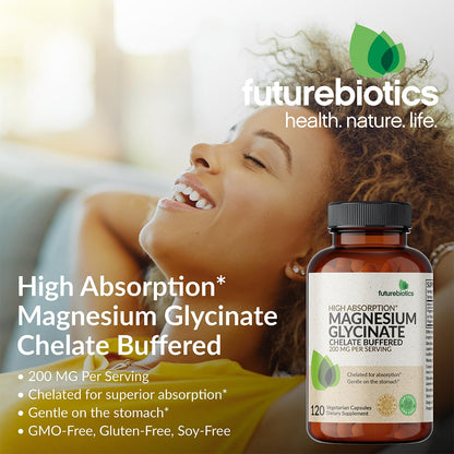 Futurebiotics Magnesium Glycinate 200 MG per Serving Chelated for High Absorption, Gentle On Stomach, Non-GMO, 60 Vegetarian Capsules