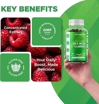 Vitamatic Sea Moss Gummies with Bladderwrack & Burdock, 60 Gummies | Premium Botanical Blend for Immune Support*, Natural Raspberry Flavor, Vegan, Non-GMO, Gluten Free.