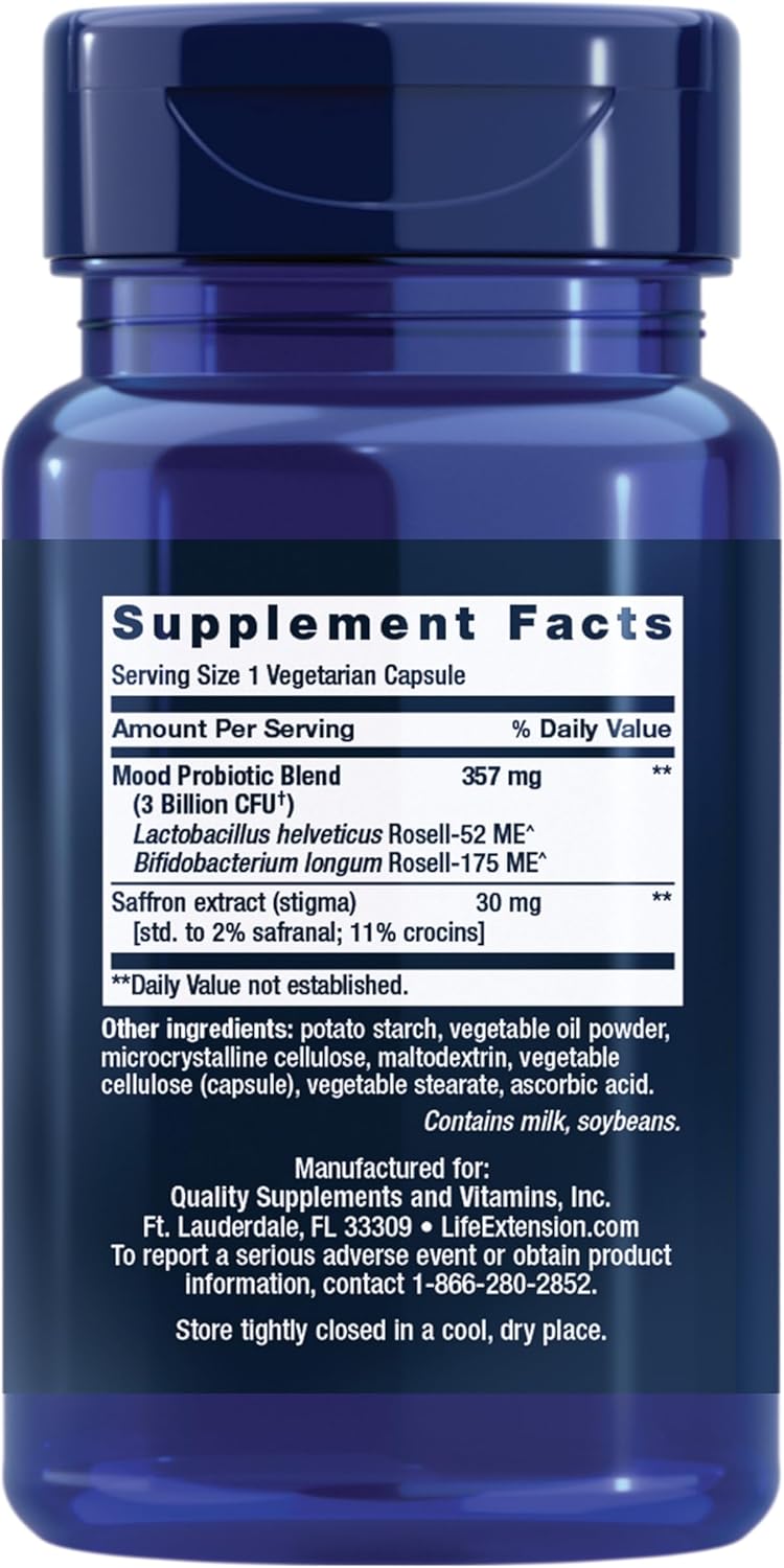 Life Extension FLORASSIST® Probiotic Mood Improve, probiotic and Saffron Blend enhances Mood and Mental Outlook, Non-GMO, Gluten-Free, 1 Daily, Vegetarian, 30 Capsules