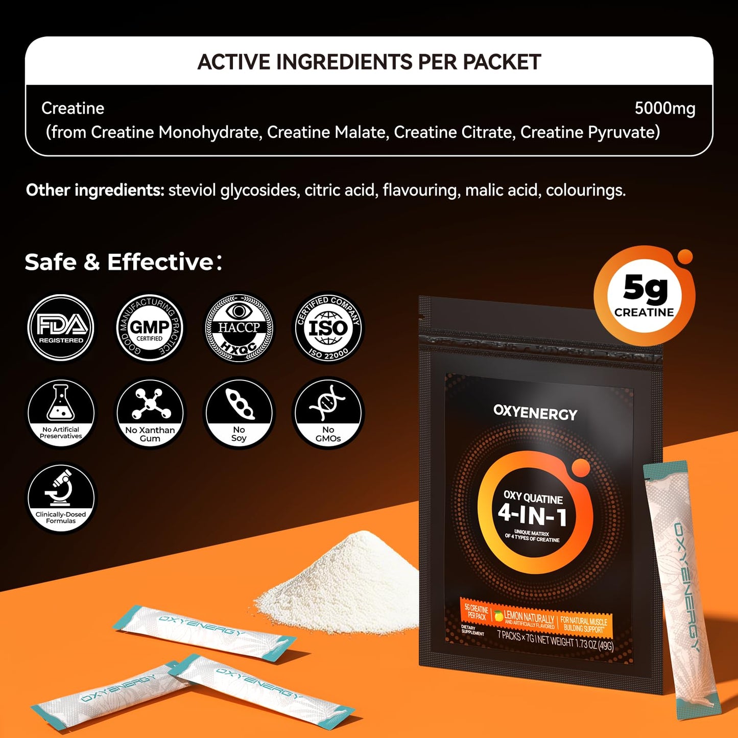 OxyEnergy Creatine Monohydrate Powder Supplements Bulk Micronized Creatine Powder, Support Muscle Growth & Recovery, Lemon Flavored 4-in-1 Creatine for Women & Men,30 Packets,5000mg Per Servings