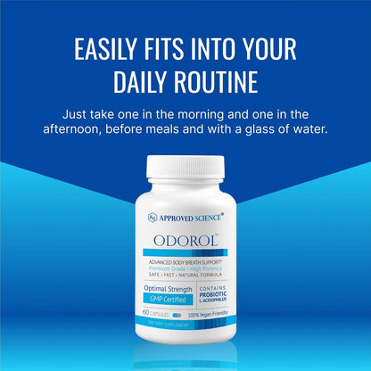 Approved Science Odorol - 60 Capsules - Freshen Bad Breath and Body Odor - Contains L.acidophilus, Green Tea, Magnolia Bark, Peppermint Oil, and Fennel - All Natural, Vegan Friendly, Non-GMO