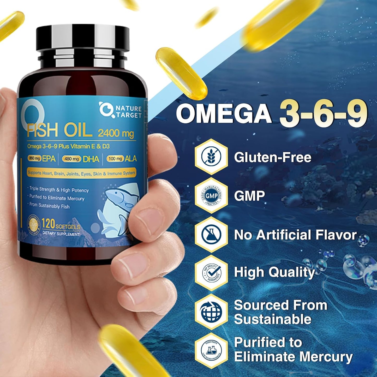 NATURE TARGET Triple Omega 3 6 9 Fish Oil 2400mg, 120Softgels | Vitamin D3 & E, EPA & DHA & ALA, Supports Heart, Brain, Joint & Immune Health, Sustainably Sourced, Non-GMO