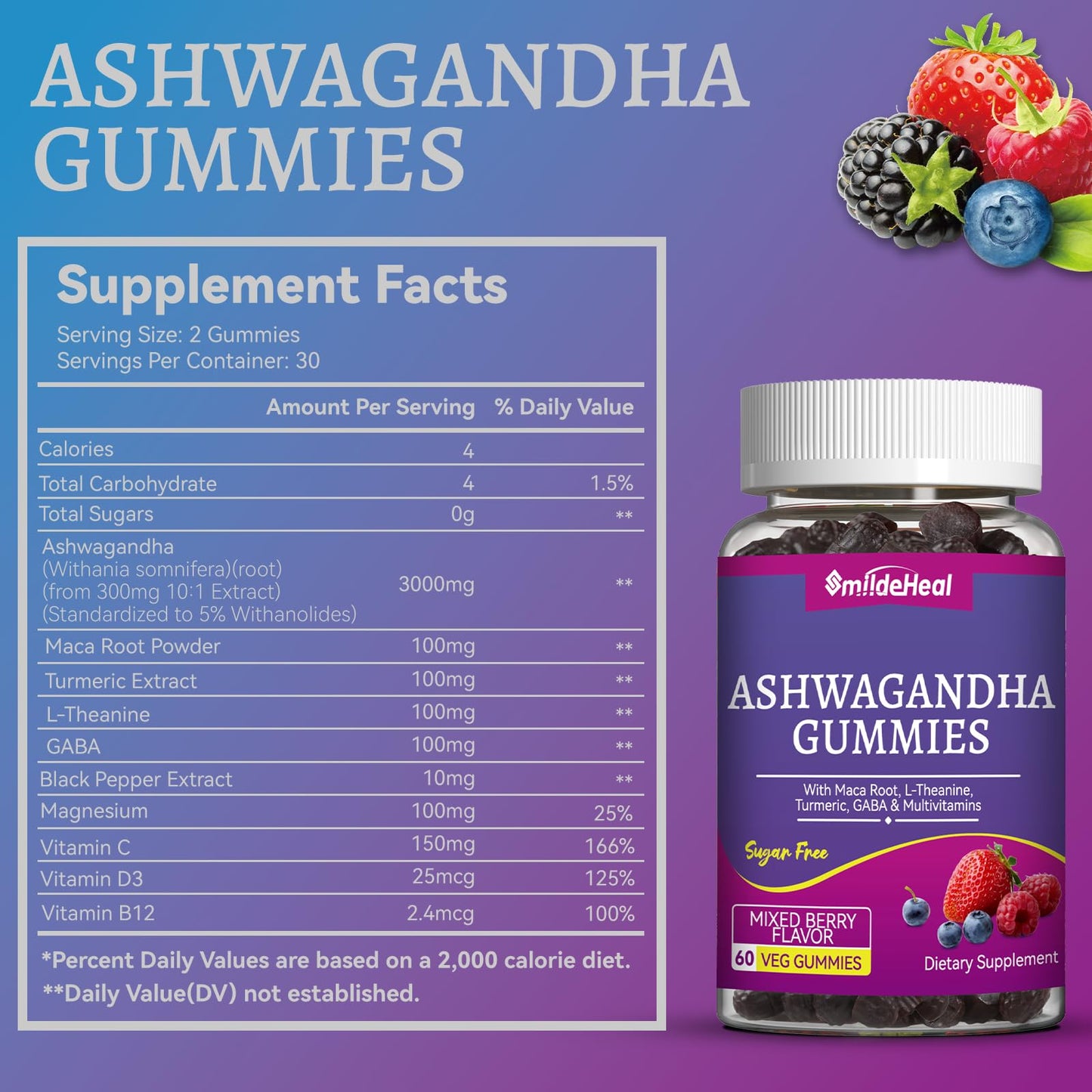 Ashwagandha Gummies 3000mg for Calm & Stress Relief, 60 Count, Vegan | Ashwagandha High Strength Root Extract Supplement with L-Theanine, Trumeric, D3 for Women & Men - Natural Mixed Berry Flavor