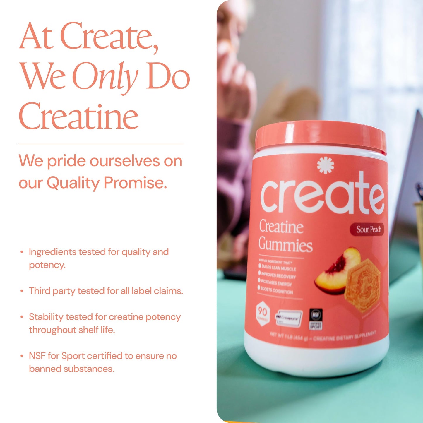 Create Creatine Monohydrate Gummies for Men & Women, Boost Focus, Strength, and Endurance, Anti-Melting Formula, Vegan, Gluten-Free, Non-GMO, 1.5g of Creatine per Gummy (Orange)