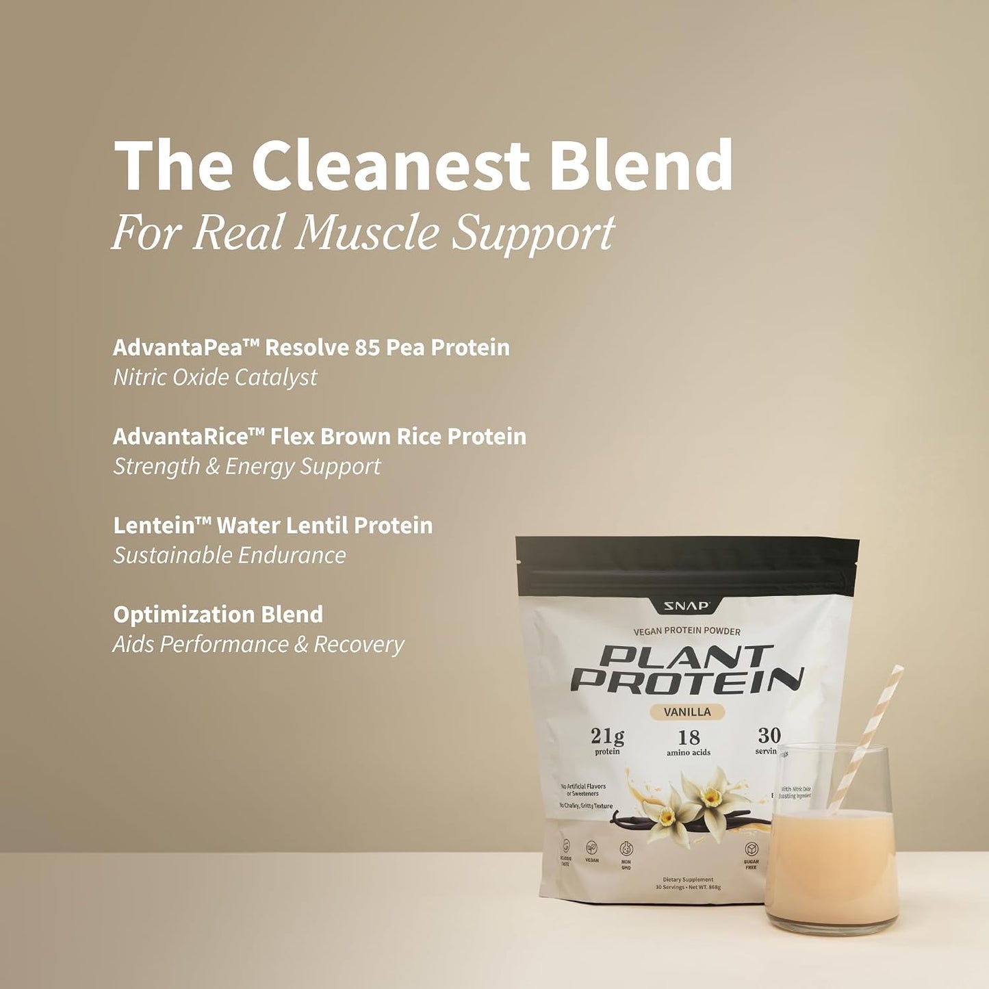 Snap Supplements Plant Based Vegan Protein Powder, Vanilla, 30 Servings