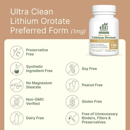 Dr. Murray's Ultra Clean Lithium Orotate 1mg Vegan Capsules - Supports Mood Balance | Cognitive Resilience | Nervous System Health | Emotional Well-Being | 90 Count