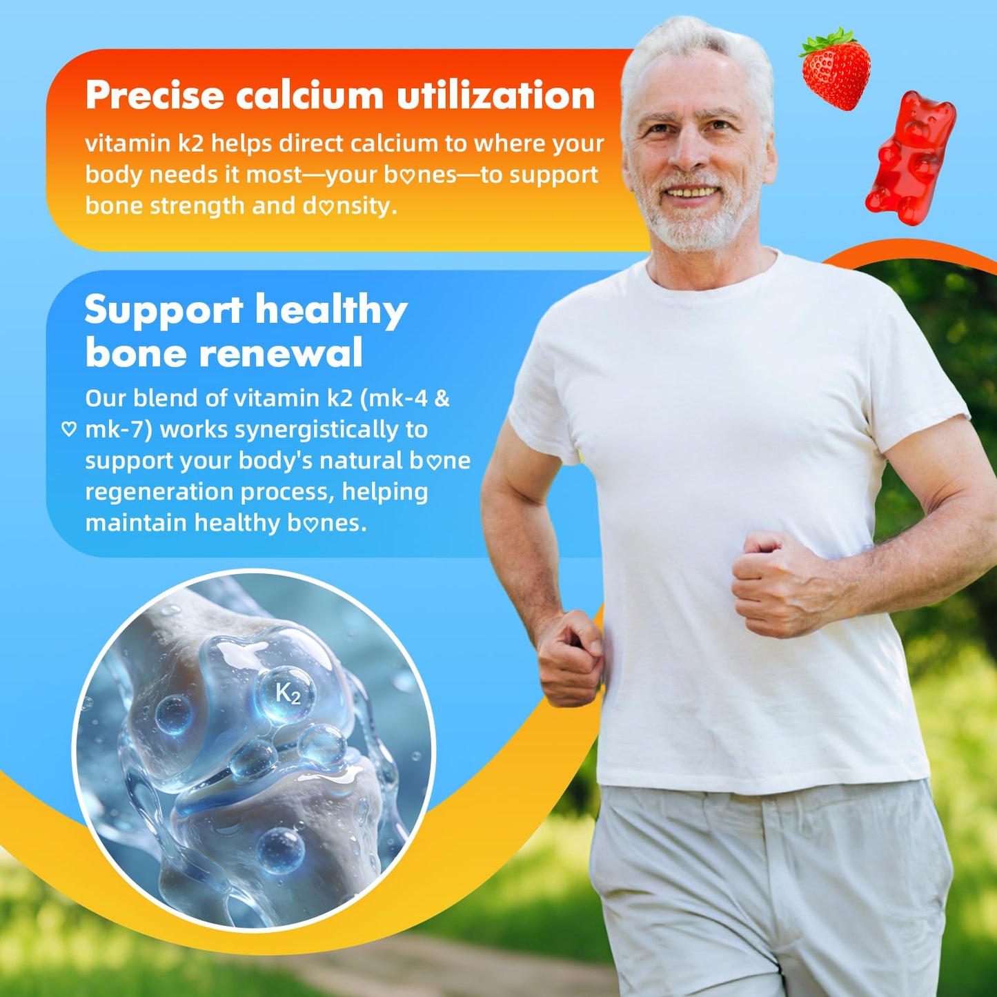 Vitamin K2 Gummies, Dual Formula Vitamin K2 Supplement with MK-7 & MK-4, Supports Bone Health, Gluten-Free, Sugar-Free, Non-GMO, Strawberry Flavor, 60 Gummies