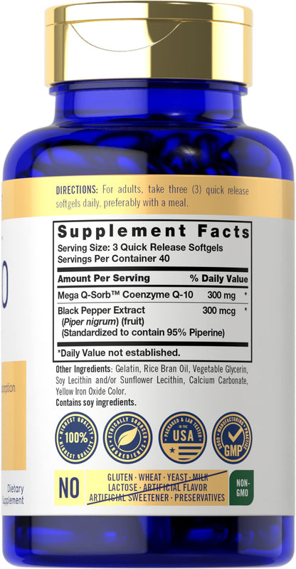 Carlyle CoQ10 300mg | 120 Softgels | Mega Q-Sorb Coenzyme Q-10 | with Black Pepper