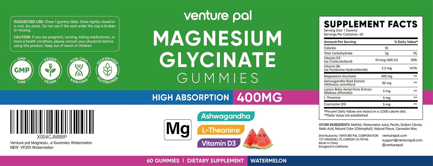60 Day Supply Magnesium Glycinate 400mg Gummies Sugar Free High Absorption | With Ashwagandha, L-Theanine, CoQ10, Vitamin D3 & B6, Adults & Kids, Stress Relief, Sleep & Calm, Vegan, Gluten Free