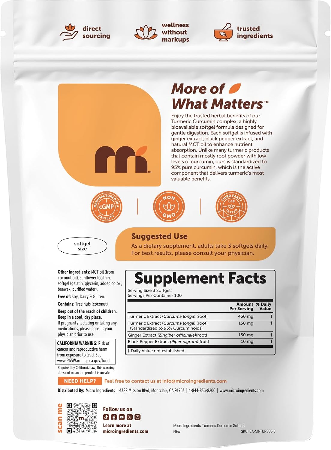 Micro Ingredients Turmeric Curcumin Supplement with Black Pepper & Ginger, 300 Softgels | Made with MCT Oil | 95% Curcuminoids | Non-GMO, Gluten Free