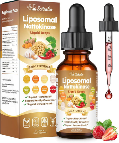 Nattokinase 10800 FU Supplement Liquid Drops, Ultimate 9-in-1 Natto -kinase Serrapeptase Enzyme Blend w. Bromelain Curcumin CoQ10 K2 MK7 for Circulatory Heart & Digestive Spike, Liposomal Tech
