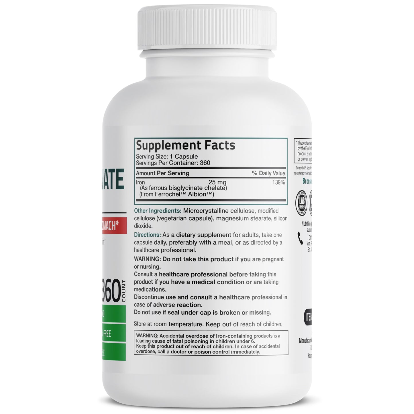 Bronson Iron Bisglycinate 25 mg, 90 Vegetarian Capsules | Gentle on the Stomach, Non-Constipating, Supports Energy & Red Blood Cell Production, Non-GMO, Gluten-Free & Soy-Free