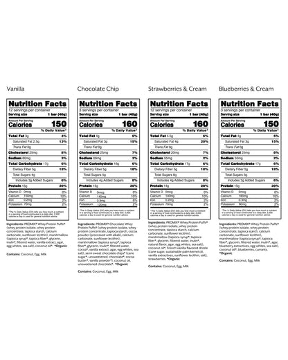 ProMix Nutrition Protein Puff Bars - Variety Pack - Vanilla, Chocolate, Strawberry, Blueberry - Marshmallow Crispy Treat - High Protein & Low Calorie - 12 Bars