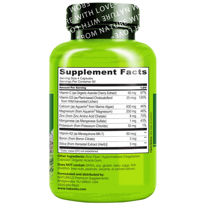 NATURELO Calcium Supplement - with Vitamin C, Vitamin D3, K2, and Calcium Magnesium Zinc for Bone Strength with Calcium 600mg - Plant-Based, 120 Vegetarian Capsules, Non-GMO, Soy & Gluten-Free