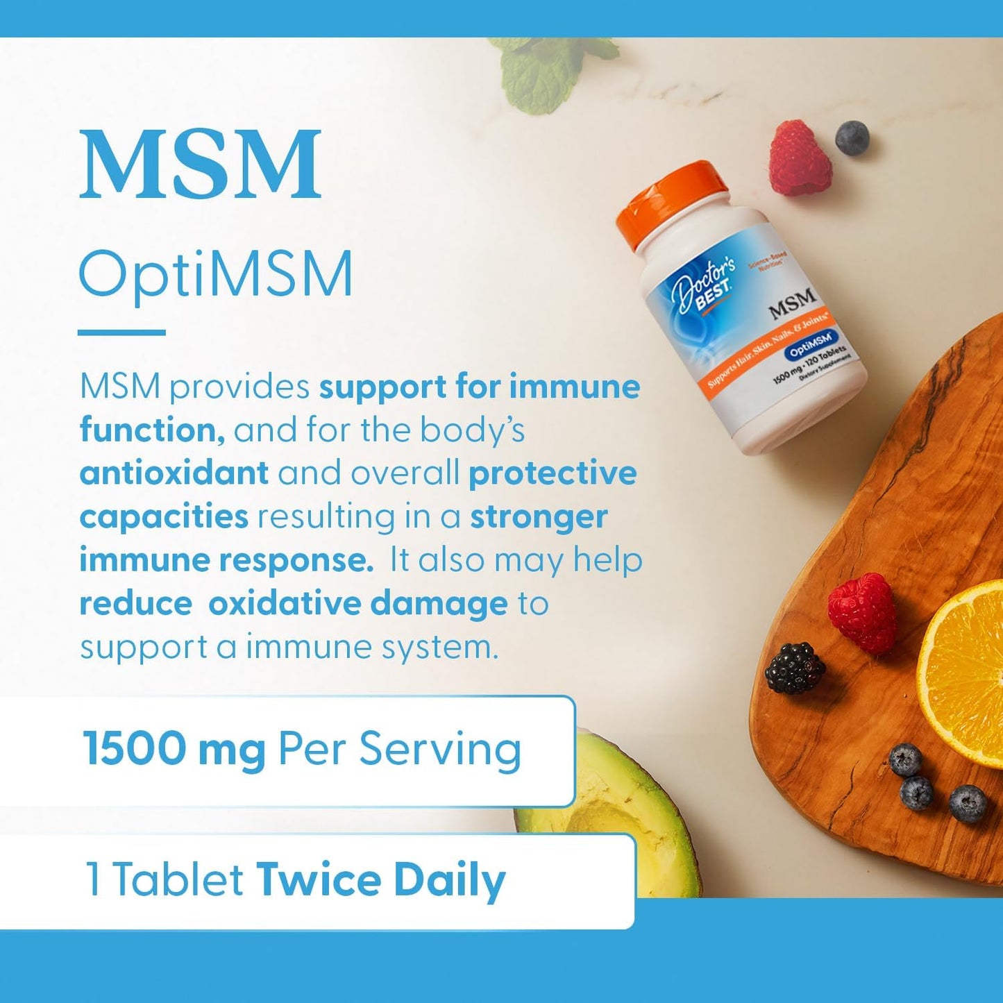 Doctor's Best MSM Supplement 1500mg for Men & Women - Supports Hair, Skin, Nails, Joint Health, & Mobility, Delivers Beneficial Sulfur with OptiMSM, Gluten Free, Non GMO, Vegan - 120 Tablets