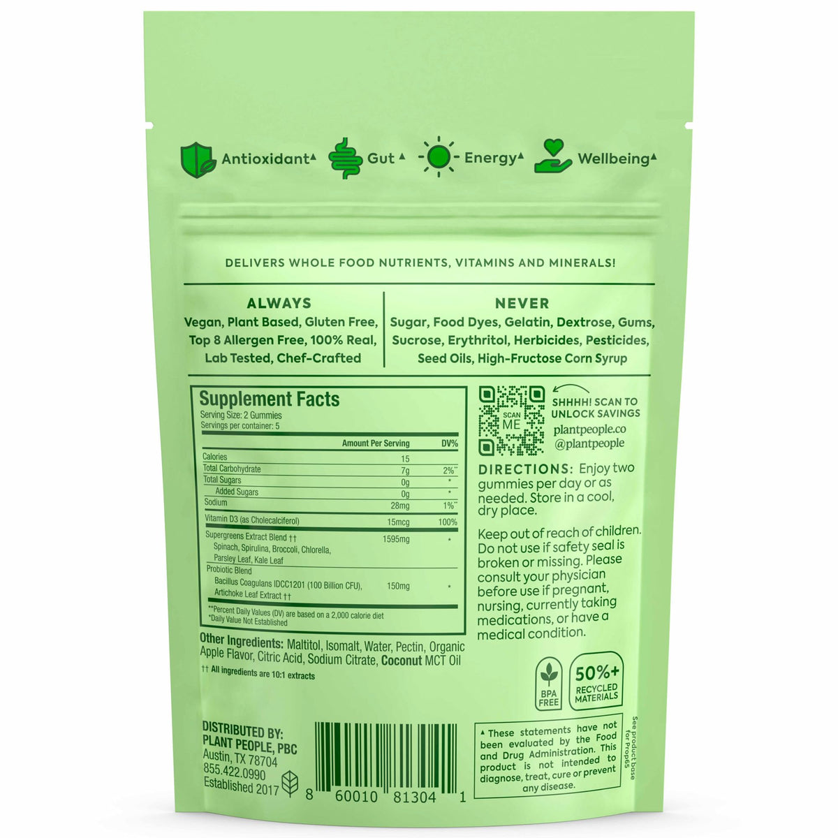 Plant People WonderGreens Veggie Gummies, Super Greens & Probiotics, 60ct