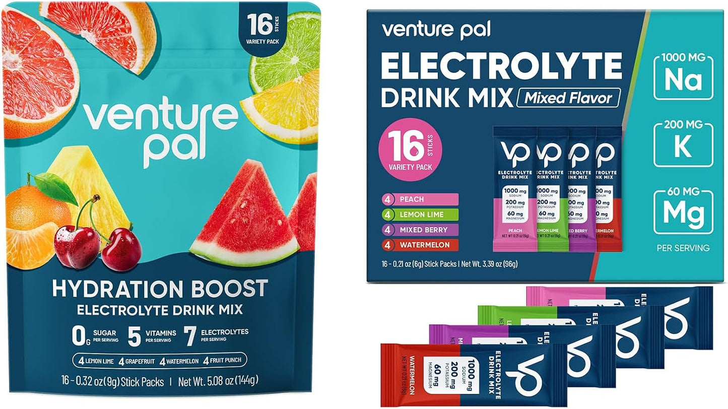 Venture Pal Electrolyte Powder Bundle – Sugar-Free Hydration Packets with High Sodium & Balanced Electrolytes, Zero Calories, 5 Vitamins, Keto, Vegan, Non-GMO – 32 Sticks Total