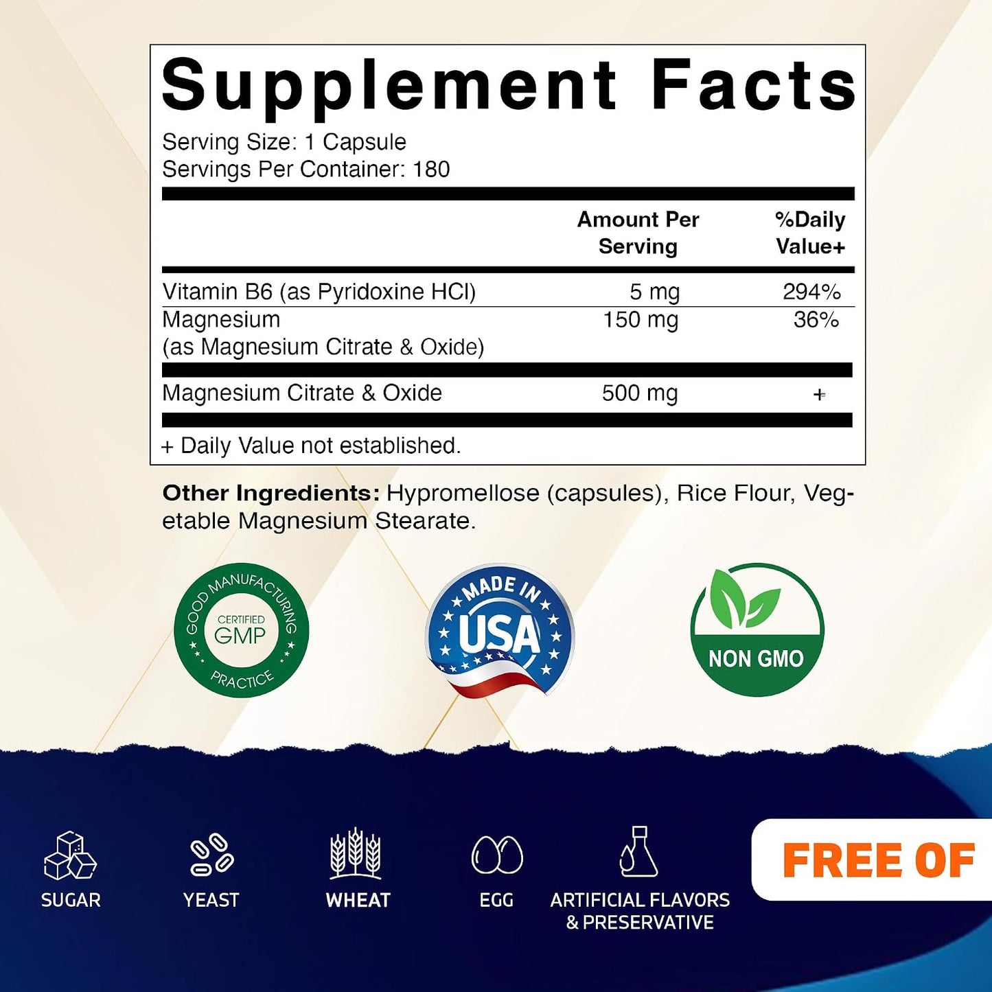 Vitamatic Magnesium Citrate 500mg per Serving - 180 Vegetarian Capsules (Provides 150 mg of Elemental Magnesium) - Added B6 for Maximum Absorption - Supports Muscle, Joint, and Heart Health*
