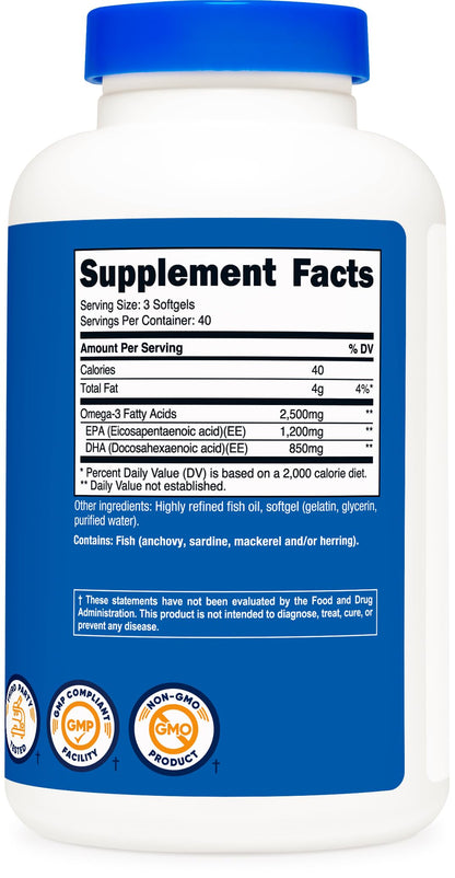 Nutricost Omega 3 Fish Oil (2500MG) 120 Softgels, 40 Servings | Fish Oil, Wild Caught! 1200mg EPA 850mg DHA, GMO-Free, Gluten Free