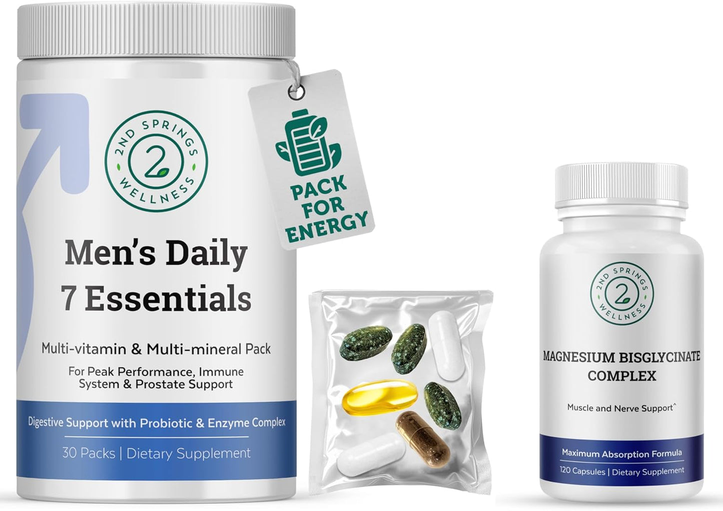 Men’s Daily 7 Essentials Vitamin Pack + Magnesium Bisglycinate Complex | Complete Daily Nutritional Support for Energy, Strength, Metabolism, Immunity, Muscle Function & Overall Wellness